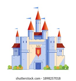 Medieval Fairy-tale Castle With Red Towers And Blue Flags. Cartoon Vector Illustration Isolated On White Background