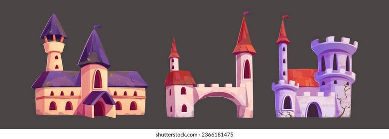 Medieval fairytale castle tower cartoon vector. Dirty fantasy kingdom palace icon set. Magic abandoned fortress building with vine clipart collection. Comic citadel architecture isolated on background