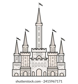 Medieval fairy-tale castle with towers in romanticism style, medieval cartoon citadel, vector