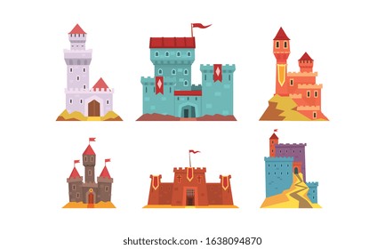 Medieval Fairytale Castles Collection, Ancient Fortified Fortresses and Palaces with Flags Vector Illustration