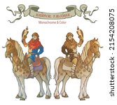 Medieval falconer sitting on a horseback. A courtier organizing royal falcon hunting. Medieval gothic style concept art. Color drawing isolated on white background. EPS10 vector illustration