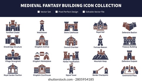 Medieval Fantasy Building Icon Collection with Castle Fortress Structures and Architectural Symbols for Worldbuilding Graphic Design Projects