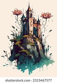 Medieval and fantasy castle. Cartoon castle on a hill. Landscape of a fairy kingdom. Medieval palace with towers. vector.