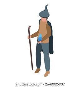 Medieval fantasy character wizard holding magic staff and blue fireball