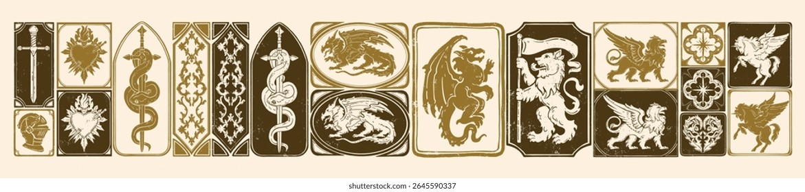 Impressão heráldica fantasia medieval, gótico vintage mitologia bestas silhueta, jogo de RPG adesivo conjunto. Linocut antiga ilustração manuscrito mágico, dragão logotipo real cavaleiro escudo emblema. Impressão medieval