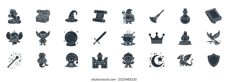 Medieval Fantasy icons set, Included icons as Book of Spells, Fairy, Dragon, Dwarf and more symbols collection, logo isolated vector illustration