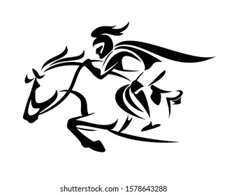 medieval fantasy knight riding horse - speeding forward fairy tale hero warrior black and white vector outline