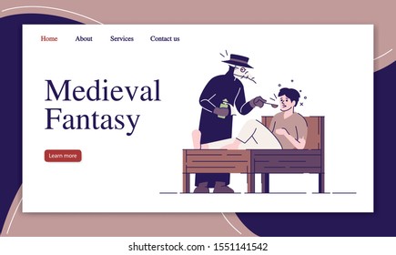 Medieval fantasy landing page vector template. Plague treatment history website interface idea with flat illustrations. Middle Age health care homepage layout. Web banner, webpage cartoon concept