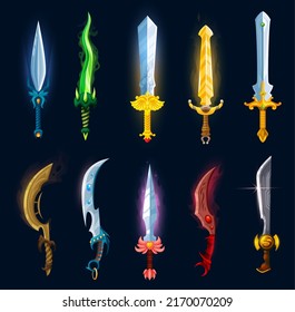 Medieval fantasy magic blades, swords, axes, daggers and sabres. Cartoon knight weapon icons game asset. Vector magical swords and knives with gemstones, claws and fangs on hilts, ui or gui design