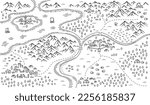 Medieval fantasy map. Mountain river and village. Middle Ages map. Hand drawn vector.
