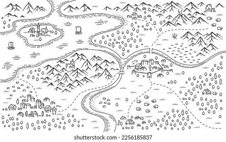 Medieval fantasy map. Mountain river and village. Middle Ages map. Hand drawn vector.