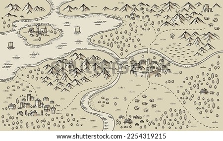 Medieval fantasy map. Mountain river and village buildings. Middle Ages map for board game. Hand drawn vector.