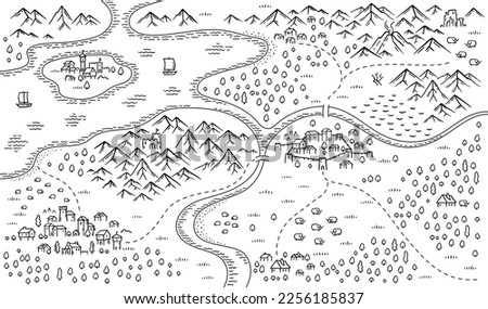 Medieval fantasy map. Mountain river and village. Middle Ages map. Hand drawn vector.