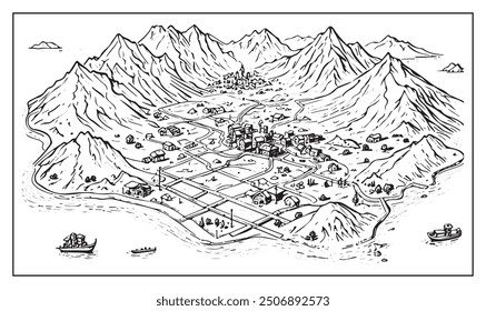 Mapa de fantasía medieval con piratas, castillos y tesoros