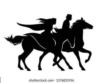 Medieval Fantasy Prince And Princess Riding Horses - Horseback King And Queen Black And White Vector Silhouette Design