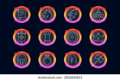 Medieval fantasy set icon. Ancient scroll, dragon head, leathery wing, royal fortress, heraldic banner, stone rook, enchanted coin, jeweled crown, warrior helmet, diamond ring, runestone, battle axe.