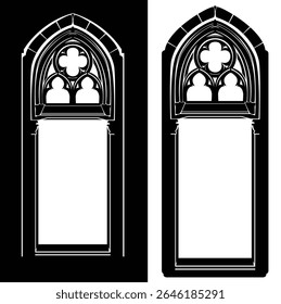 janela ou porta de castelo estilo fantasia medieval - preto e branco vetor cópia espaço design de conto de fadas passagem