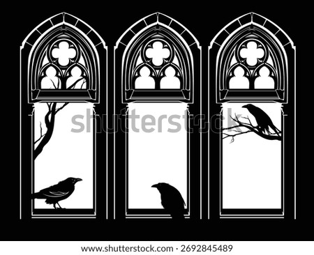 medieval fantasy style castle window and raven bird sitting on bare tree branch - black and white vector copy space design of mysterious fairy tale