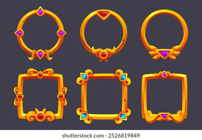 Medieval fantasy ui game frame for button or medal. Gem stone interface element for rpg avatar. Royal label border in circle and square graphic. Gui rank bar asset with decoration for user cartoon