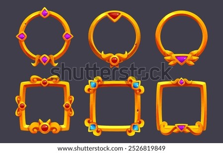 Medieval fantasy ui game frame for button or medal. Gem stone interface element for rpg avatar. Royal label border in circle and square graphic. Gui rank bar asset with decoration for user cartoon