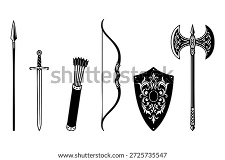 Medieval fantasy weapon set with sword shield axe bow and spear silhouette