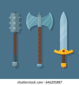 Medieval fantasy weapons flat illustration. Mace, axe and sword