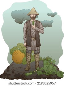 Ilustración medieval de granjeros. Cultivando verduras, pepitas y calabazas, huerto, comiendo pepino. Listo para usar eps10 para su diseño