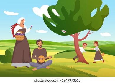 Medieval farmer peasants family vector illustration. Cartoon happy father and mother villagers characters spend time in green farm village field, children play, man playing guitar for woman background