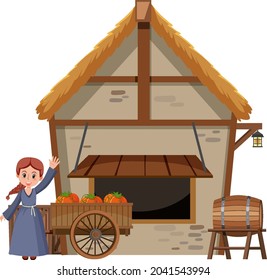 Medieval farmhouse isolated on white background illustration