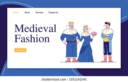 Medieval fashion landing page vector template. Middle Ages clothing trends website interface idea with flat illustrations. Ancient history homepage layout. Web banner, webpage cartoon concept