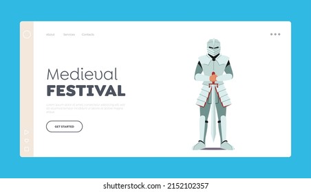 Medieval Festival Landing Page Template. Knight Wear Armor and Helmet Holding Sword in Hand. Royal Defender, Crusader, Ancient Soldier, Historical Fighter Character. Cartoon People Vector Illustration