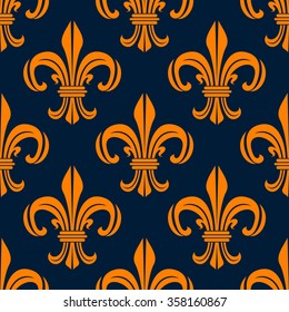 Medieval fiery orange royal lilies seamless pattern with victorian fleur-de-lis floral scrolls on blue background. For interior accessories or textile design usage