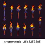 Medieval fire torch, game asset, vector UI. Cartoon ancient greek flaming torches with wood handles and metal cups, video and mobile game development elements. Wall mounted and handheld fire sticks