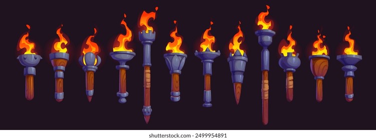 Medieval fire torch, game asset. Cartoon vector ancient burning brands with wooden handles and metal holders at the top, emitting vibrant flames. Isolated gui flaming torchlight or lighting flambeau