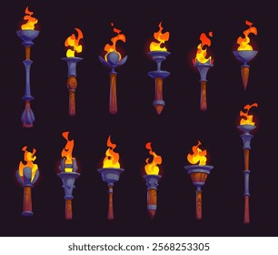 Medieval fire torch, game asset, vector UI. Cartoon ancient greek flaming torches with wood handles and metal cups, video and mobile game development elements. Wall mounted and handheld fire sticks