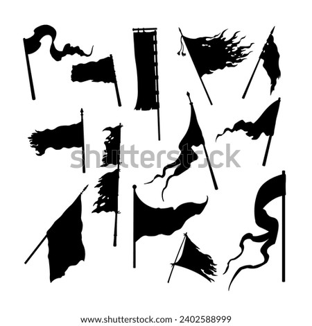 Medieval flag black silhouettes. Isolated templates of battle banners. Icon of victory symbol. Army heraldic emblem. Vector illustration