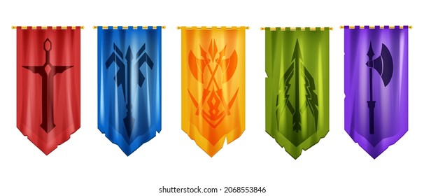 Medieval Flag Game Vector Icon Set, Knight Old Banner, Battle Royal Pennant Kit, Axe, Sword, Arrow. UI Victory Badge, Weapon Silhouette, Heraldic Sign. War House Standard, Game Flag Armor Logo Design