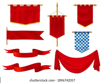 Medieval flags and banners, royal vector fabric of red and chequered blue and white colors. Vintage style ribbons, knight standards with golden fringe, antique military gonfalon on poles isolated set