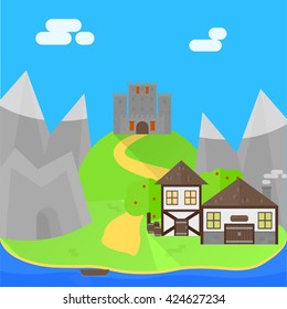 Medieval flat background. Two detailed houses, cave and mountains. Castle on the hill. Vector, eps10.