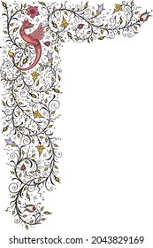 Medieval floral border. Vintage color palette.Ancient book miniature. Magic manuscript.
Vertical orientation.Rectangular frame.