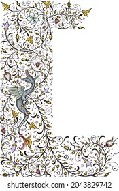 Medieval floral border. Vintage color palette.Ancient book miniature. Magic manuscript.
Vertical orientation.Rectangular frame.
