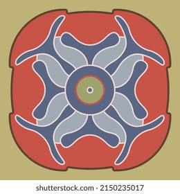 Medieval floral mandala. Stylized poppy flower. Geometrical Gothic design. On yellow gold background.