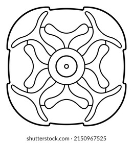 Medieval floral mandala. Stylized poppy flower. Geometrical Gothic design. Black and white linear silhouette.