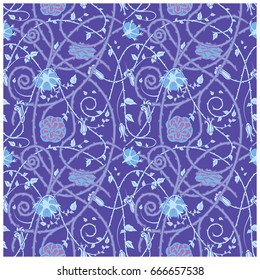 medieval floral pattern on a blue background. braided ornaments and swirls. Thorny plant elements over all the composition. 