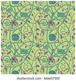 medieval floral pattern on a green background. braided ornaments and swirls. Thorny plant elements over all the composition. 