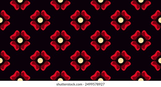 Medieval floral pattern seamless background stylized design. Abstract flower royal rose motif vintage decorative ornament. Colorful geometric flower shapes allover print block. Digital illustration.