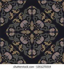 Medieval floral pattern. Vector dark background. Template for textile, carpet, cushion, shawl.