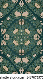 Medieval floral pattern. Vector green background. Template for textile, carpet, shawl.