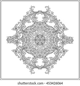 Medieval floral royal pattern from Royal collection. . Decorative symmetry arabesque. Coloring book for adult and older children. Outline drawing coloring page. Vector illustration.