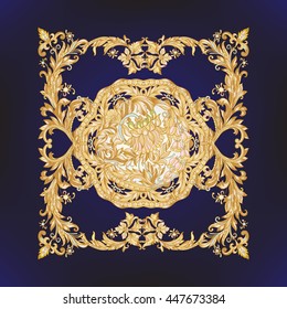 Medieval floral royal pattern. Decorative symmetry arabesque. Gold on black background. Good for greeting card for birthday, invitation or banner. Vector illustration. 